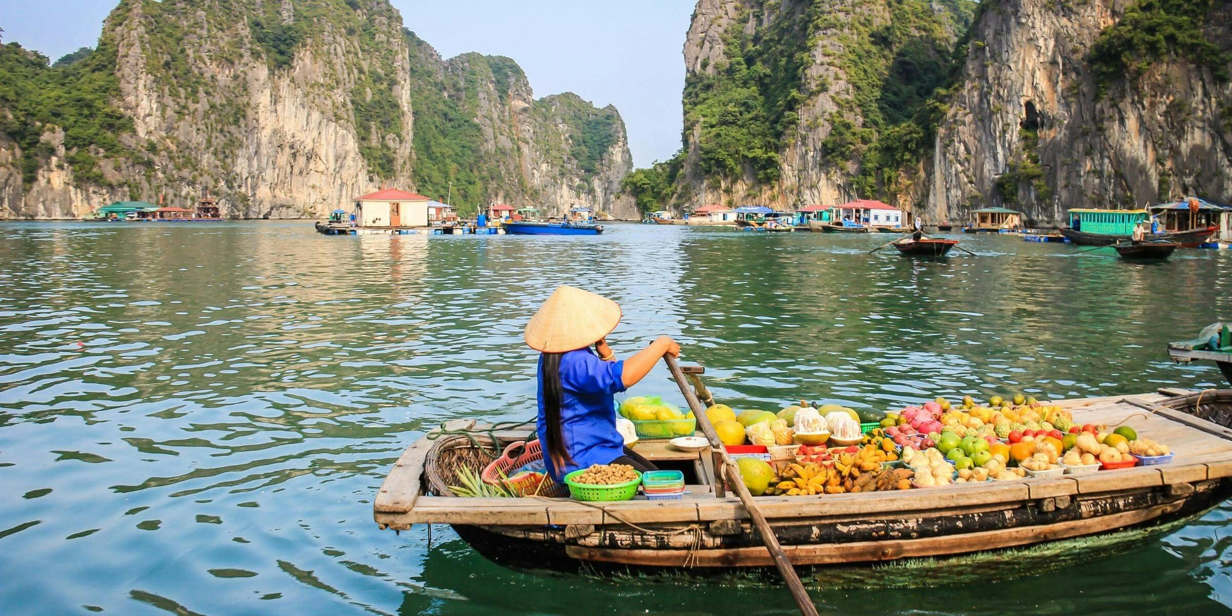 person in boat with produce in vietnam